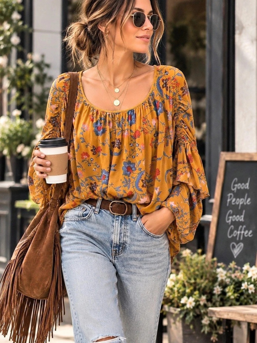 Free People Floral Blouse in Orange & Blue Size Medium
